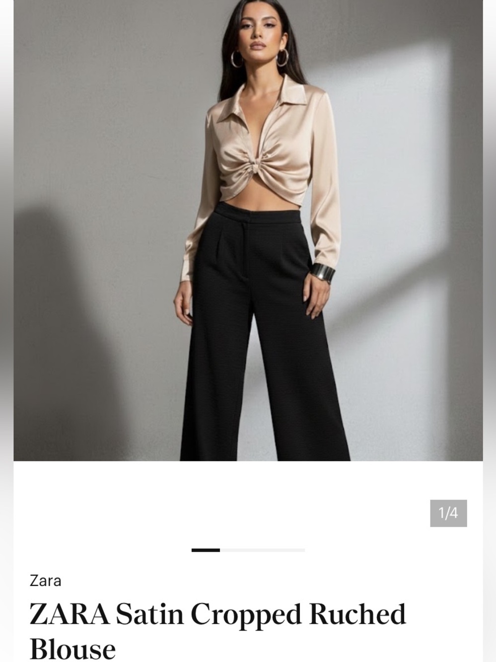 Zara Sand Beige Long-Sleeve Ruched V-Neck Crop Blouse M - Picture 1 of 6